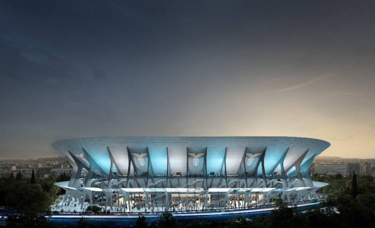 Veduta d'insieme delle nuove tribune nel progetto presentato nel febbraio 2026 per lo Stadio Flaminio, Roma, dalla società calcistica Lazio