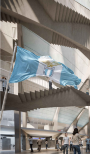 Progetto società Lazio (2026) per lo stadio Flaminio di Roma: veduta esterna dei nuovi telai in carpenteria metallica e delle tribune