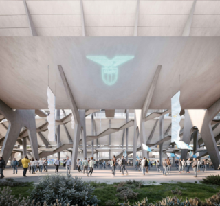 Progetto società Lazio (2026) per lo stadio Flaminio di Roma: veduta esterna delle nuove tribune e dei telai in carpenteria metallica